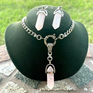 SET ! Genuine rose quartz bullet necklace + earrings stainless steel necklace